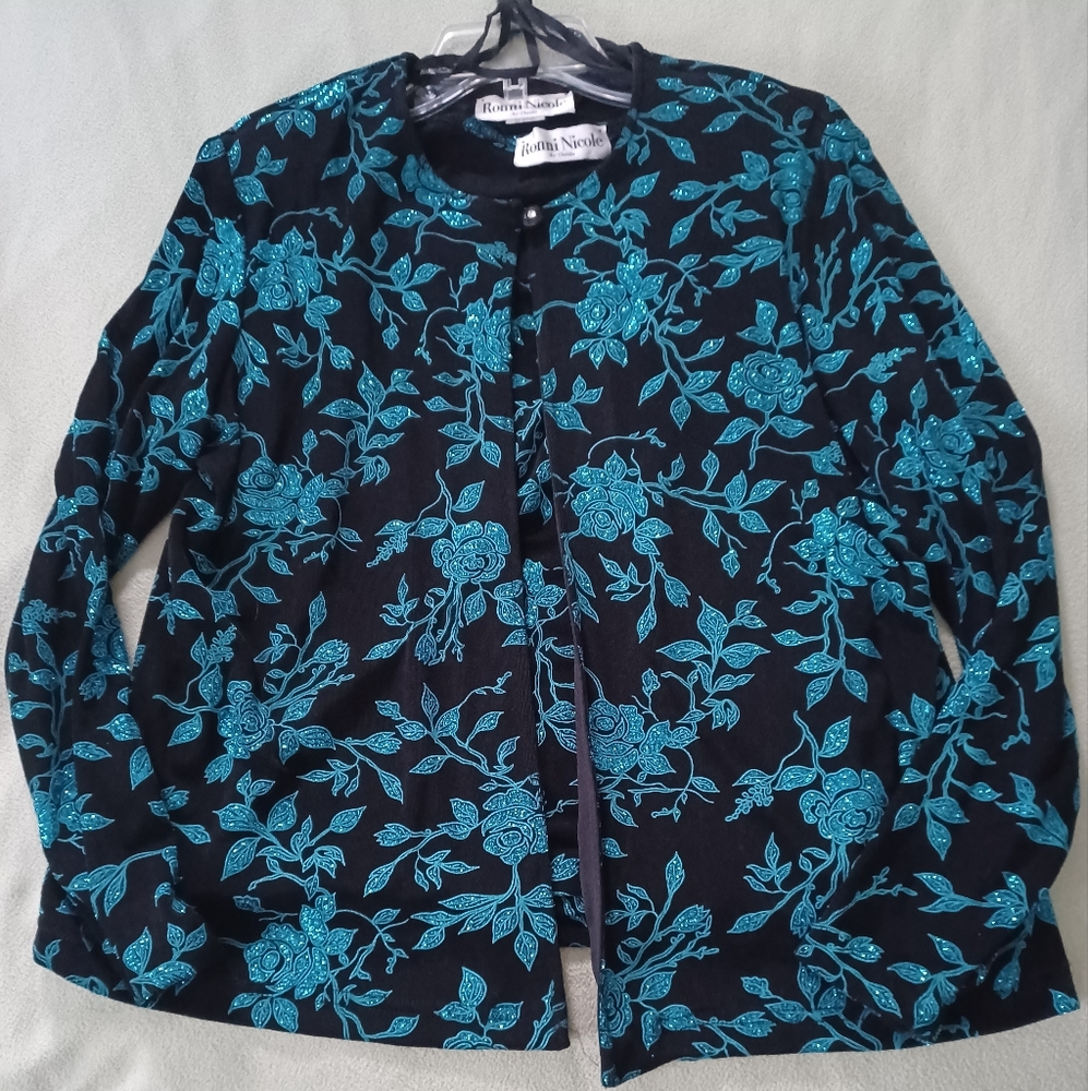 Ronni Nicole by Ouida womens 2 piece floral shiny blue sequin shirt with…
